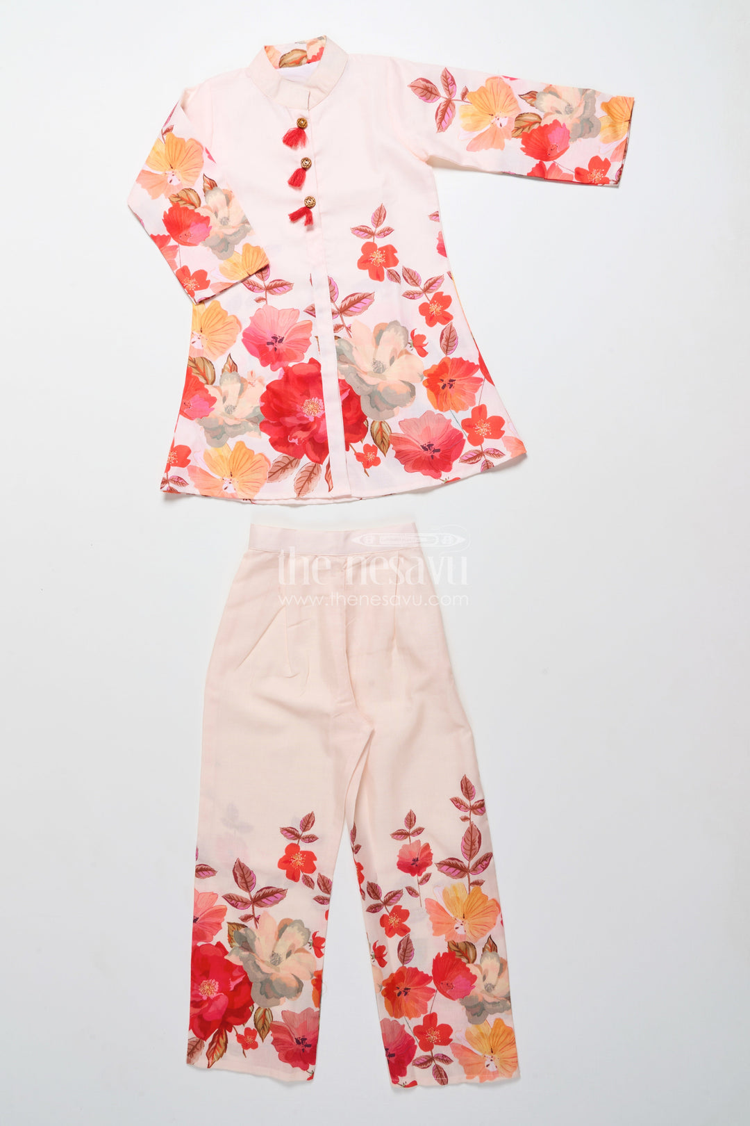 The Nesavu Girls Co-Ord Sets Foral Cotton Sharara Set for Girls for Ethnic School Events Nesavu Nesavu cream floral print cotton sharara set for girls with tassel details festive school ethnic wear