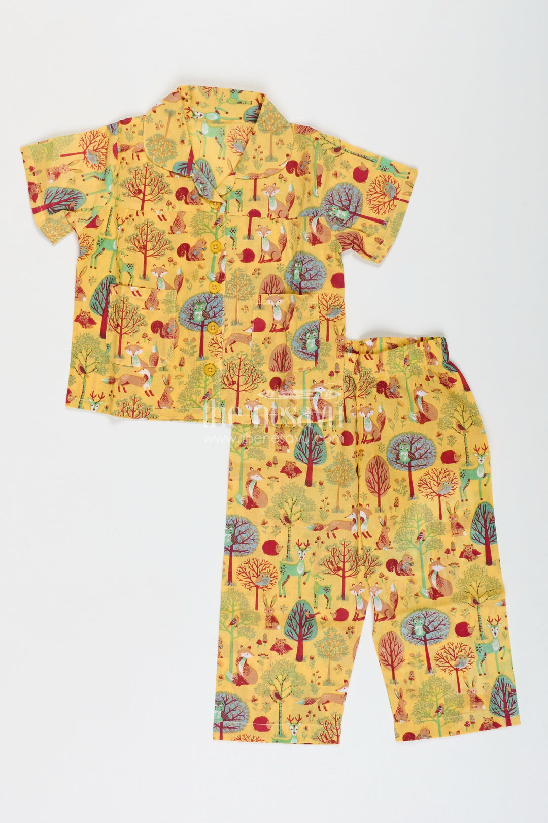The Nesavu Girls Co-Ord Sets Forest Theme Cotton Set for Toddler Girls Daily Wear Nesavu 16 (1Y) / Yellow GPS706A-16 Nesavu Cotton Digital Print Toddler Girls Casual Set Forest-Themed Shirt Pants Daily Use