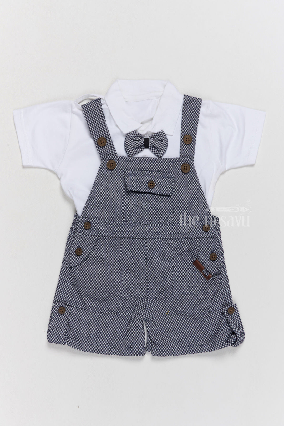 The Nesavu Baby Casual Sets Formal Wear for Infants with Checkered Overalls and Bowtie in Navy Blue Nesavu 14 (6M) / White BCS198B-14 Formal Wear Infants Navy Blue Checkered Overalls Bowtie | The Nesavu