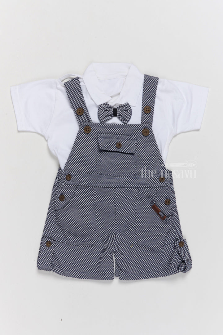 The Nesavu Baby Casual Sets Formal Wear for Infants with Checkered Overalls and Bowtie in Navy Blue Nesavu 14 (6M) / White BCS198B-14 Formal Wear Infants Navy Blue Checkered Overalls Bowtie | The Nesavu