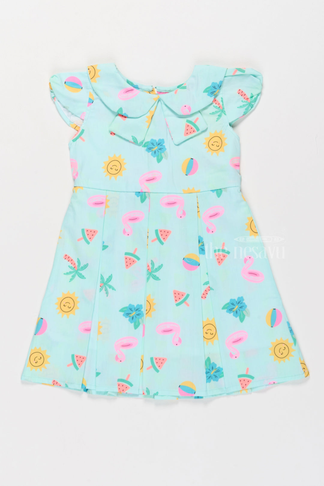 The Nesavu Girls Cotton Frock Frill Cotton Dress for Girls with Playful Summer Prints Nesavu 20 (3Y) / Green GFC1518A-20 Girls Frill Cotton Dress Summer Prints Peter Pan Collar | The Nesavu