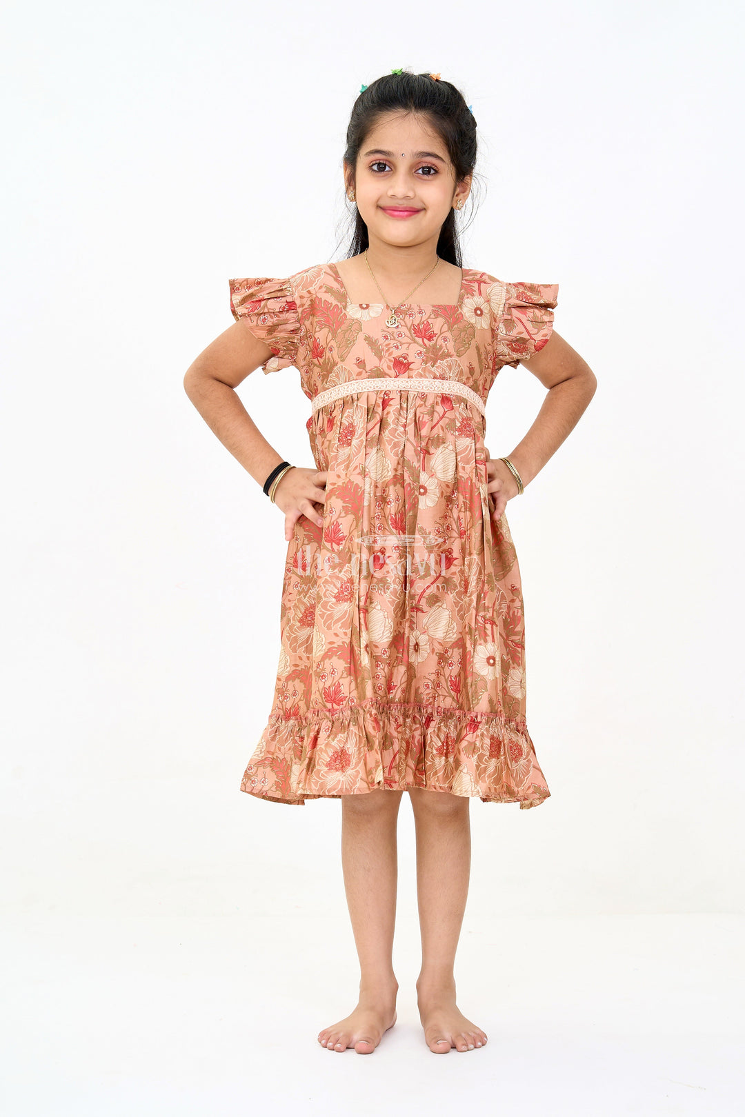 The Nesavu Girls Cotton Frock Frills Frock for Girls in Warm Beige Floral Print with Lace Detailing Nesavu 16 (1Y) / Beige GFC1590B-16 Nesavu Beige Floral Frills Frock Girls Ruffled Hem Lace Detailing