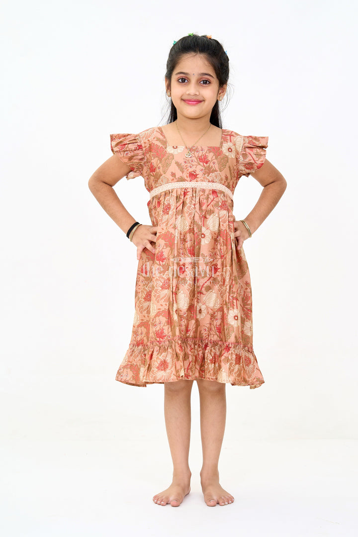 The Nesavu Girls Cotton Frock Frills Frock for Girls in Warm Beige Floral Print with Lace Detailing Nesavu 16 (1Y) / Beige GFC1590B-16 Nesavu Beige Floral Frills Frock Girls Ruffled Hem Lace Detailing