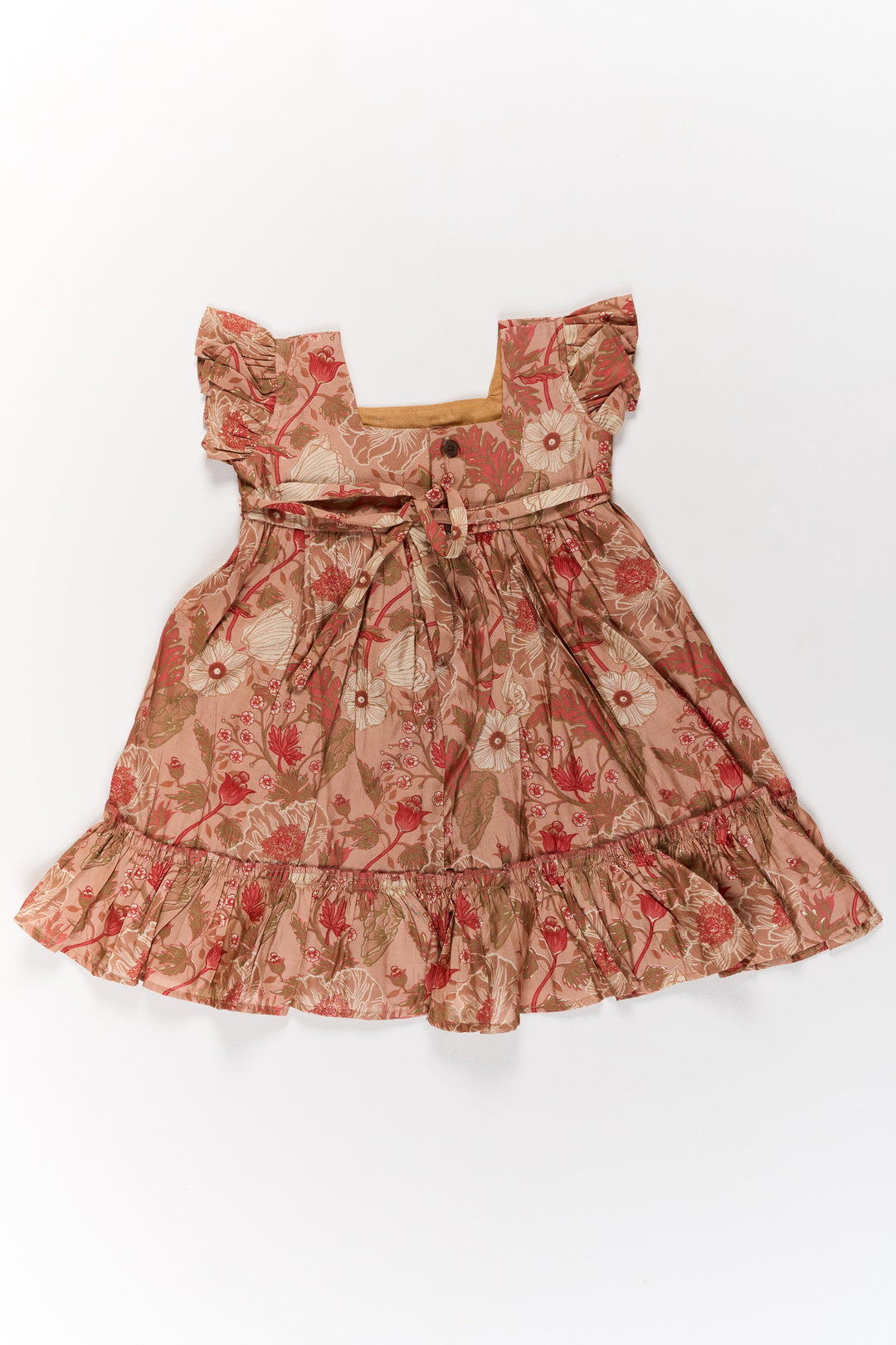 The Nesavu Girls Cotton Frock Frills Frock for Girls in Warm Beige Floral Print with Lace Detailing Nesavu Beige Floral Frills Frock Girls Ruffled Hem Lace Detailing | The Nesavu