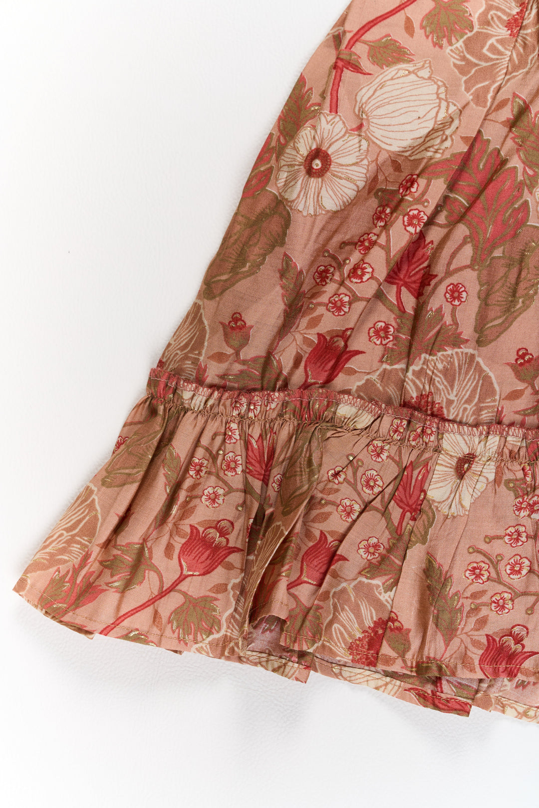 The Nesavu Girls Cotton Frock Frills Frock for Girls in Warm Beige Floral Print with Lace Detailing Nesavu Beige Floral Frills Frock Girls Ruffled Hem Lace Detailing | The Nesavu