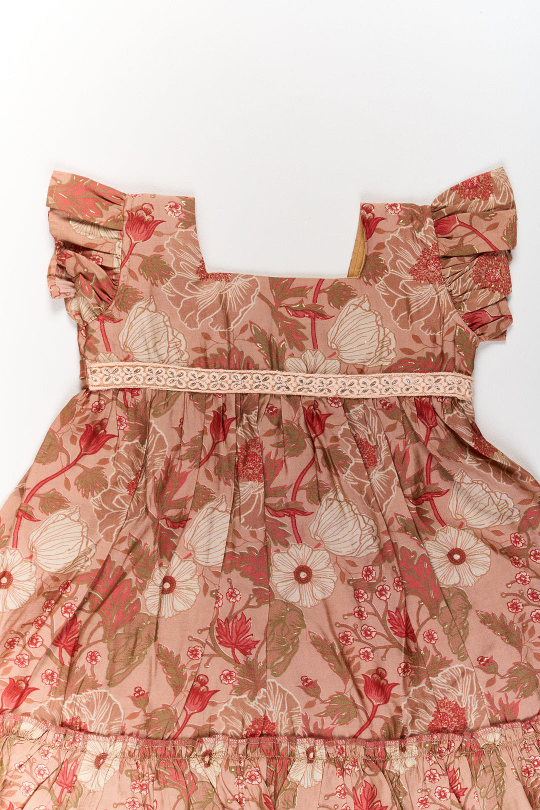 The Nesavu Girls Cotton Frock Frills Frock for Girls in Warm Beige Floral Print with Lace Detailing Nesavu Beige Floral Frills Frock Girls Ruffled Hem Lace Detailing | The Nesavu