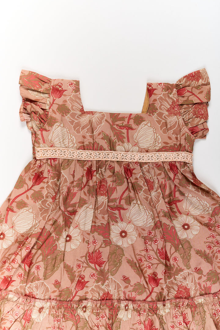 The Nesavu Girls Cotton Frock Frills Frock for Girls in Warm Beige Floral Print with Lace Detailing Nesavu Beige Floral Frills Frock Girls Ruffled Hem Lace Detailing | The Nesavu