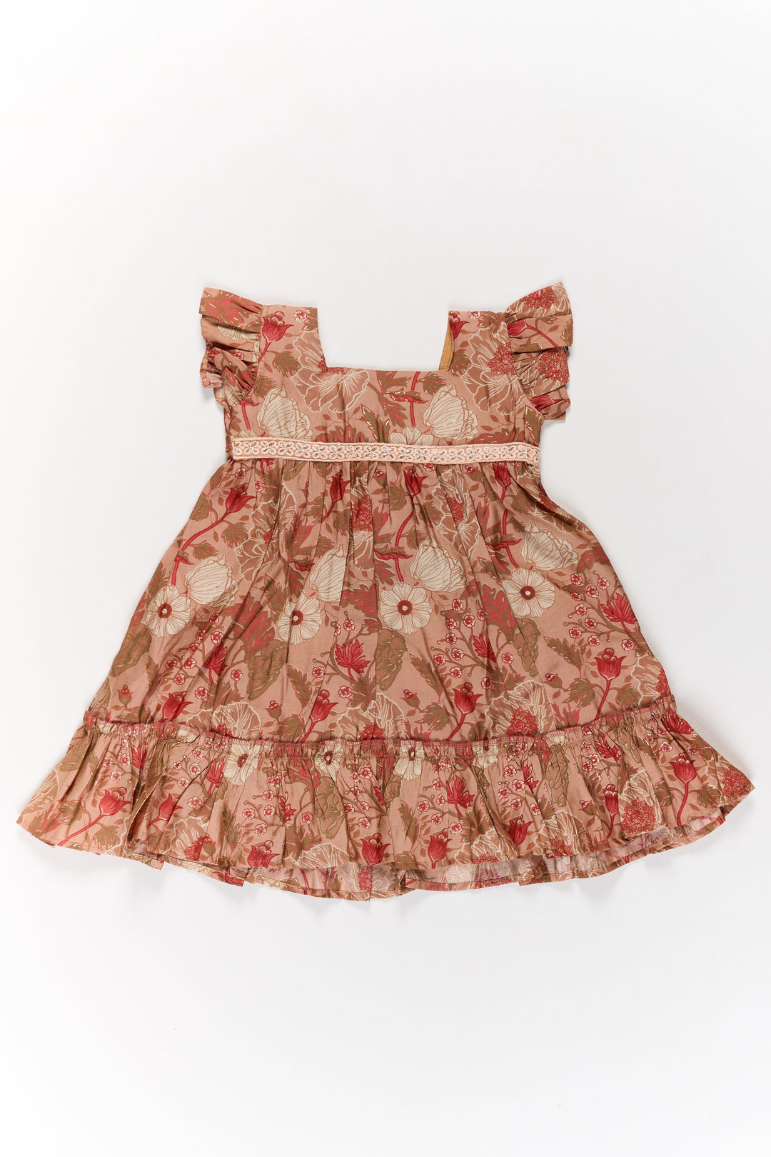 The Nesavu Girls Cotton Frock Frills Frock for Girls in Warm Beige Floral Print with Lace Detailing Nesavu Beige Floral Frills Frock Girls Ruffled Hem Lace Detailing | The Nesavu