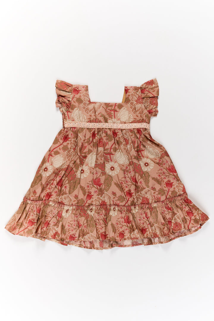 The Nesavu Girls Cotton Frock Frills Frock for Girls in Warm Beige Floral Print with Lace Detailing Nesavu Beige Floral Frills Frock Girls Ruffled Hem Lace Detailing | The Nesavu
