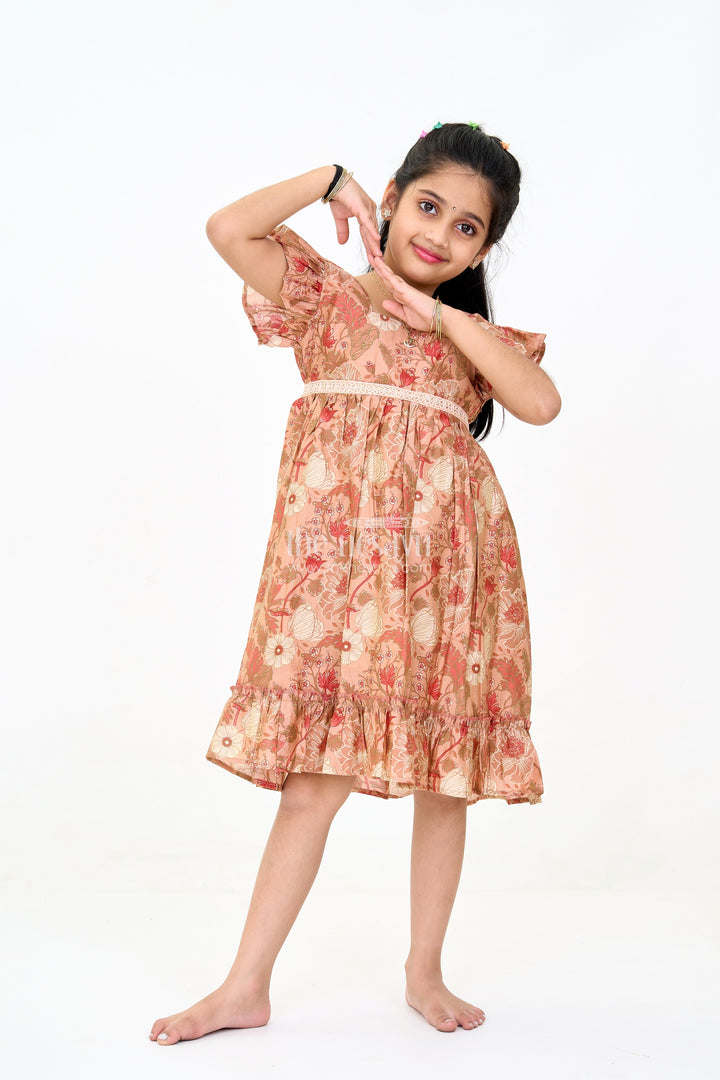 The Nesavu Girls Cotton Frock Frills Frock for Girls in Warm Beige Floral Print with Lace Detailing Nesavu Beige Floral Frills Frock Girls Ruffled Hem Lace Detailing | The Nesavu