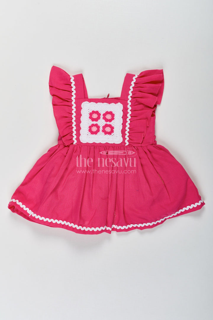 The Nesavu Baby Cotton Frocks Frock Baby Girl in Dark Pink Cotton with Crochet Embellished Yoke and Frill Sleeves Nesavu 14 (6M) / Pink BFJ739B-14 Frock Baby Girl Dark Pink Cotton Crochet Embellished Yoke | The Nesavu
