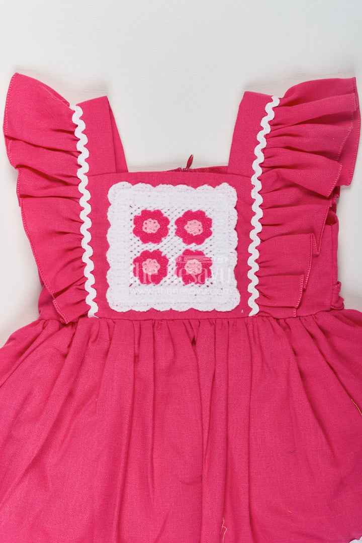 The Nesavu Baby Cotton Frocks Frock Baby Girl in Dark Pink Cotton with Crochet Embellished Yoke and Frill Sleeves Nesavu Frock Baby Girl Dark Pink Cotton Crochet Embellished Yoke | The Nesavu