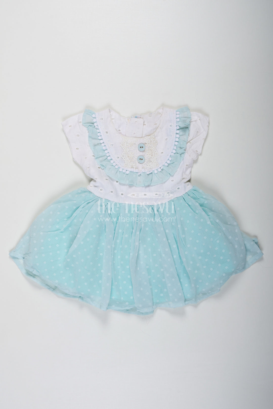 The Nesavu Baby Fancy Frock Frock Clothing for Baby Girls in Aqua Blue with Hakoba Lace Yoke and Georgette Polka Dot Flare Nesavu 22 (4Y) / Blue GFC1718A-22 Nesavu Frock Clothing Baby Girls Hakoba Lace Yoke Aqua Polka Dot Georgette Skirt