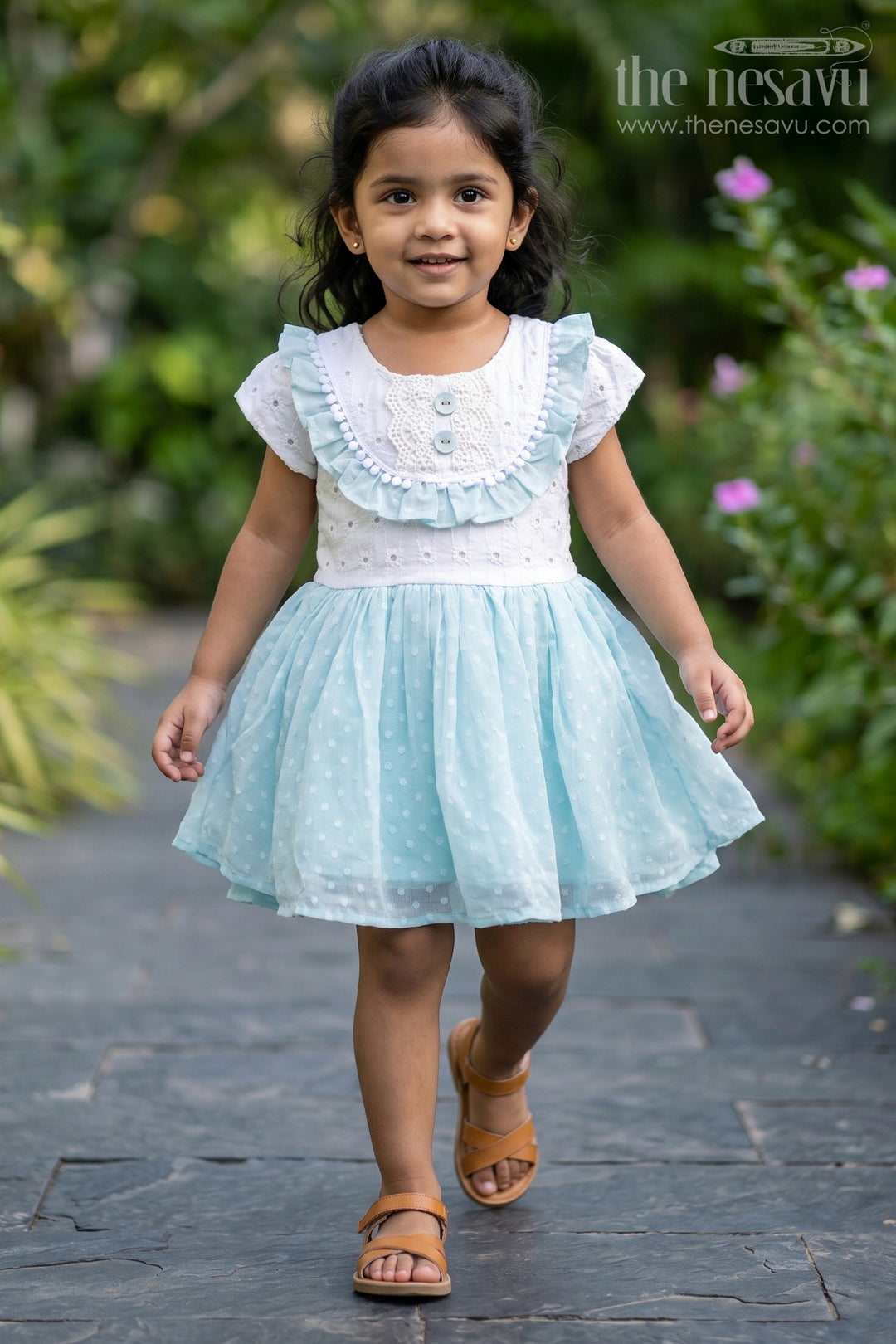 The Nesavu Girls Cotton Frock Frock Clothing for Baby Girls in Aqua Blue with Hakoba Lace Yoke and Georgette Polka Dot Flare Nesavu 22 (4Y) / Blue GFC1718A-22 Frock Clothing Baby Girls Hakoba Lace Yoke Aqua Polka Dot Georgette Skirt | The Nesavu
