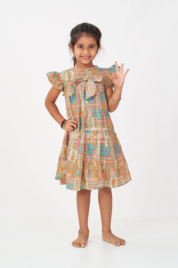 The Nesavu Girls Cotton Frock Frock Dresses for Girls in Pure Cotton with Multicolor Ethnic Digital Print and Ruffle Details Nesavu 18 (2Y) / Green GFC1700A-18 Nesavu Frock Dresses Girls Cotton Multicolor Patch Digital Print Ethnic Flair
