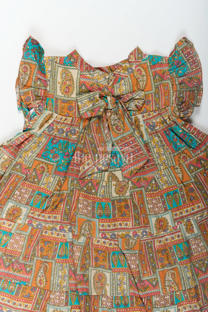 The Nesavu Girls Cotton Frock Frock Dresses for Girls in Pure Cotton with Multicolor Ethnic Digital Print and Ruffle Details Nesavu Frock Dresses Girls Cotton Multicolor Patch Digital Print Ethnic Flair | The Nesavu