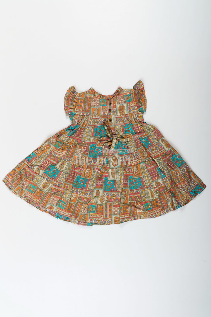 The Nesavu Girls Cotton Frock Frock Dresses for Girls in Pure Cotton with Multicolor Ethnic Digital Print and Ruffle Details Nesavu Nesavu Frock Dresses Girls Cotton Multicolor Patch Digital Print Ethnic Flair