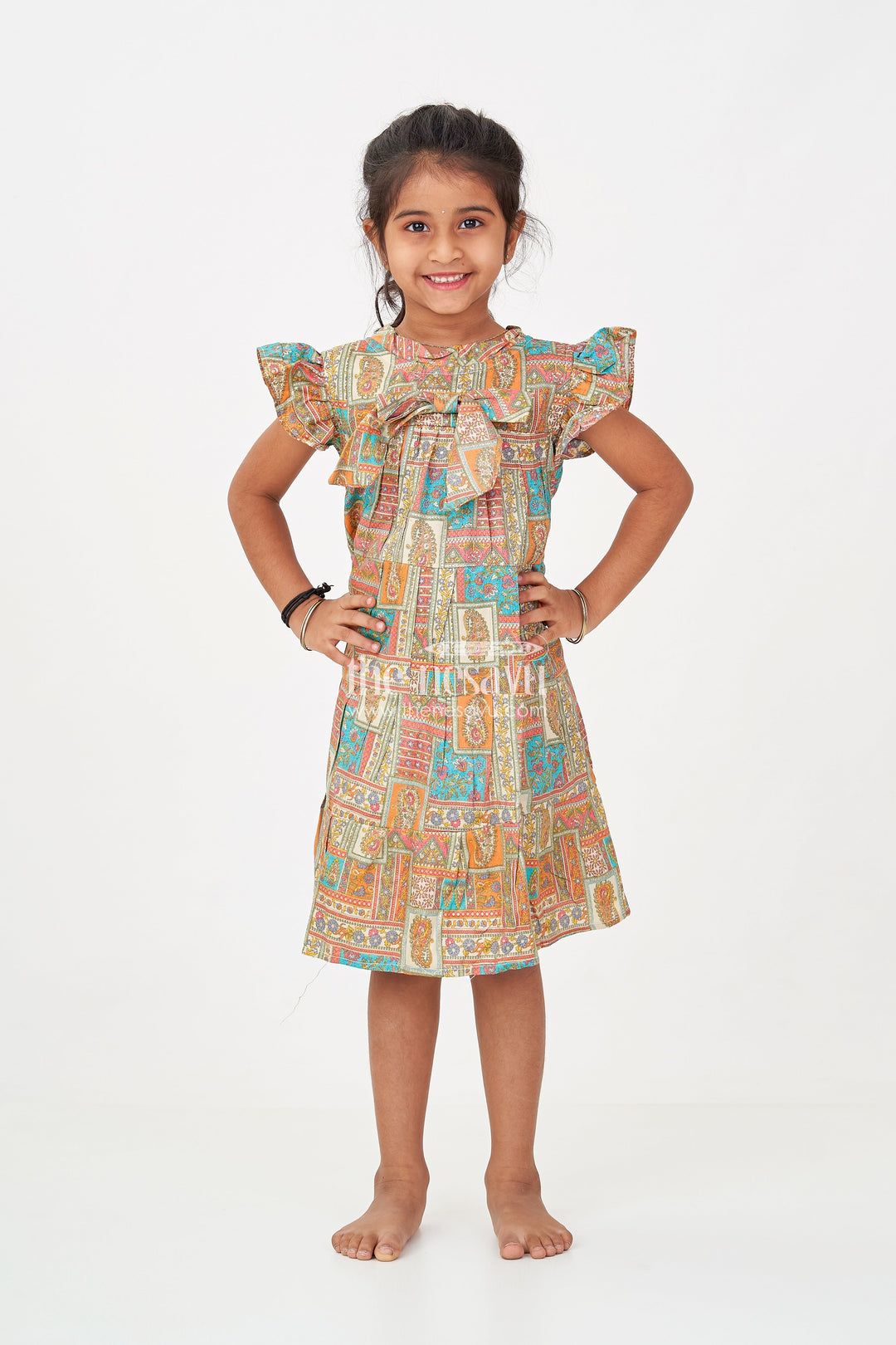 The Nesavu Girls Cotton Frock Frock Dresses for Girls in Pure Cotton with Multicolor Ethnic Digital Print and Ruffle Details Nesavu Nesavu Frock Dresses Girls Cotton Multicolor Patch Digital Print Ethnic Flair