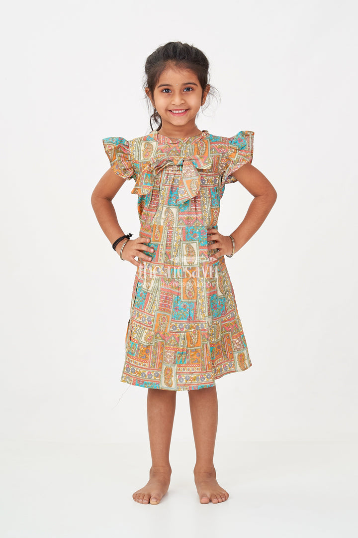 The Nesavu Girls Cotton Frock Frock Dresses for Girls in Pure Cotton with Multicolor Ethnic Digital Print and Ruffle Details Nesavu Nesavu Frock Dresses Girls Cotton Multicolor Patch Digital Print Ethnic Flair