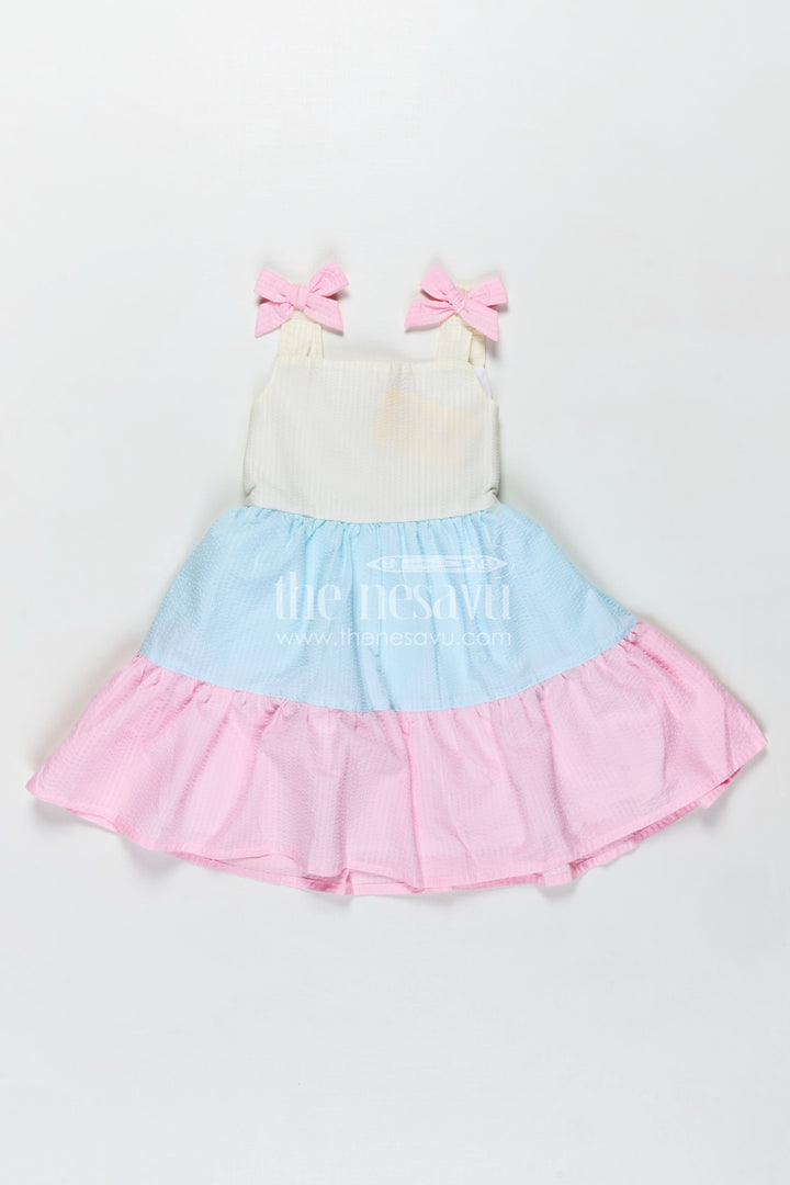 The Nesavu Baby Cotton Frocks Frock for Infants Tiered Cotton Sleeveless Dress in Pastel Color Blocks with Bow Accents Nesavu 16 (1Y) / Multicolor BFJ745C-16 Nesavu Frock Infants Cotton Tier Dress Pastel Color Blocks Shoulder Bows Flared Design