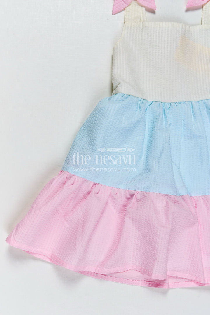 The Nesavu Baby Cotton Frocks Frock for Infants Tiered Cotton Sleeveless Dress in Pastel Color Blocks with Bow Accents Nesavu Nesavu Frock Infants Cotton Tier Dress Pastel Color Blocks Shoulder Bows Flared Design