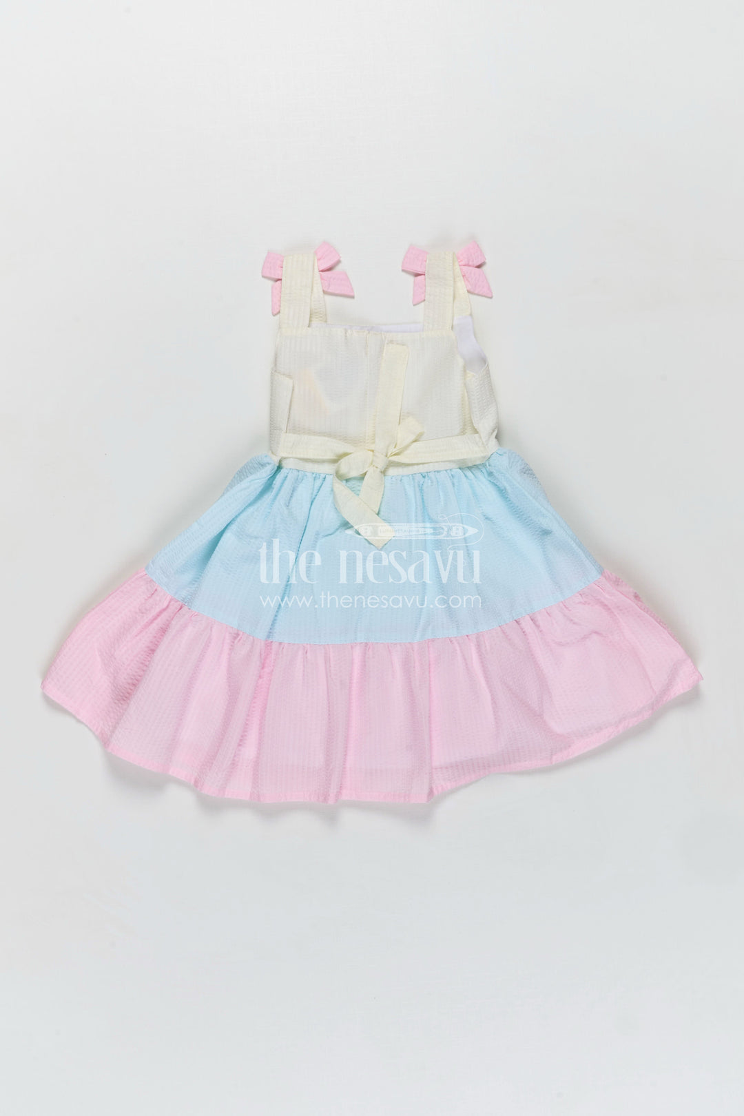 The Nesavu Baby Cotton Frocks Frock for Infants Tiered Cotton Sleeveless Dress in Pastel Color Blocks with Bow Accents Nesavu Nesavu Frock Infants Cotton Tier Dress Pastel Color Blocks Shoulder Bows Flared Design