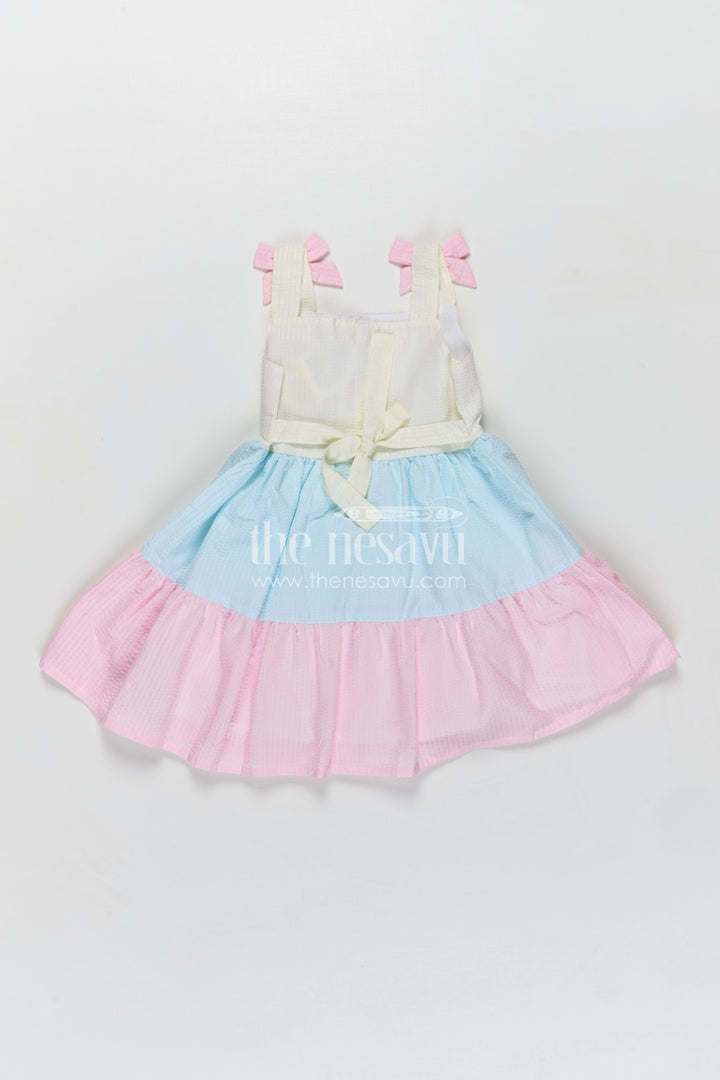 The Nesavu Baby Cotton Frocks Frock for Infants Tiered Cotton Sleeveless Dress in Pastel Color Blocks with Bow Accents Nesavu Nesavu Frock Infants Cotton Tier Dress Pastel Color Blocks Shoulder Bows Flared Design