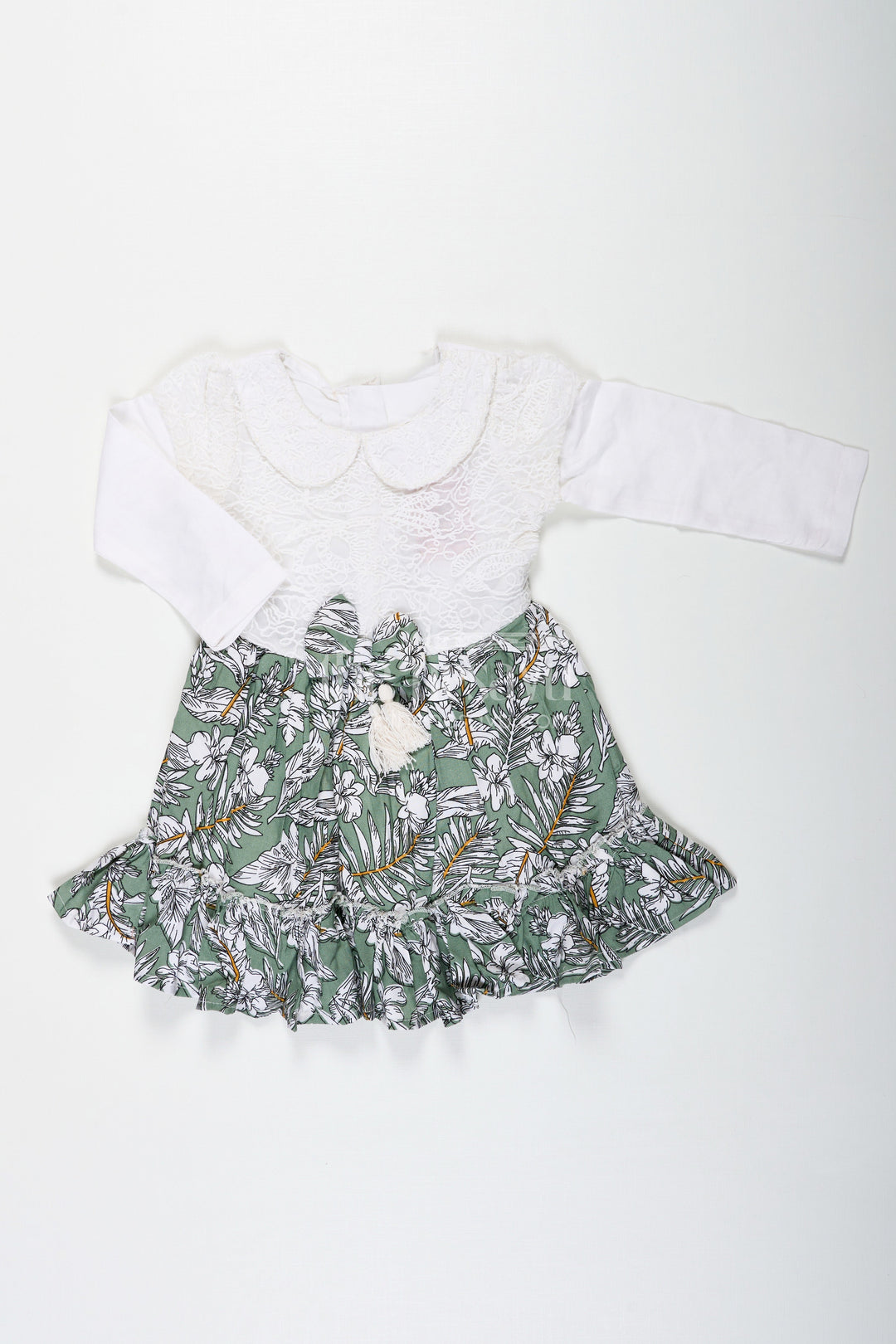 The Nesavu Baby Fancy Frock Frock for Photoshoot in Soft Net with Embroidered Yoke and Leafy Green Digital Print Skirt for Baby Girls Nesavu 12 (3M) / Green BFJ776A-12 Nesavu Baby Girl Frock Photoshoot Soft Net Embroidered Top Leaf Digital Print Skirt