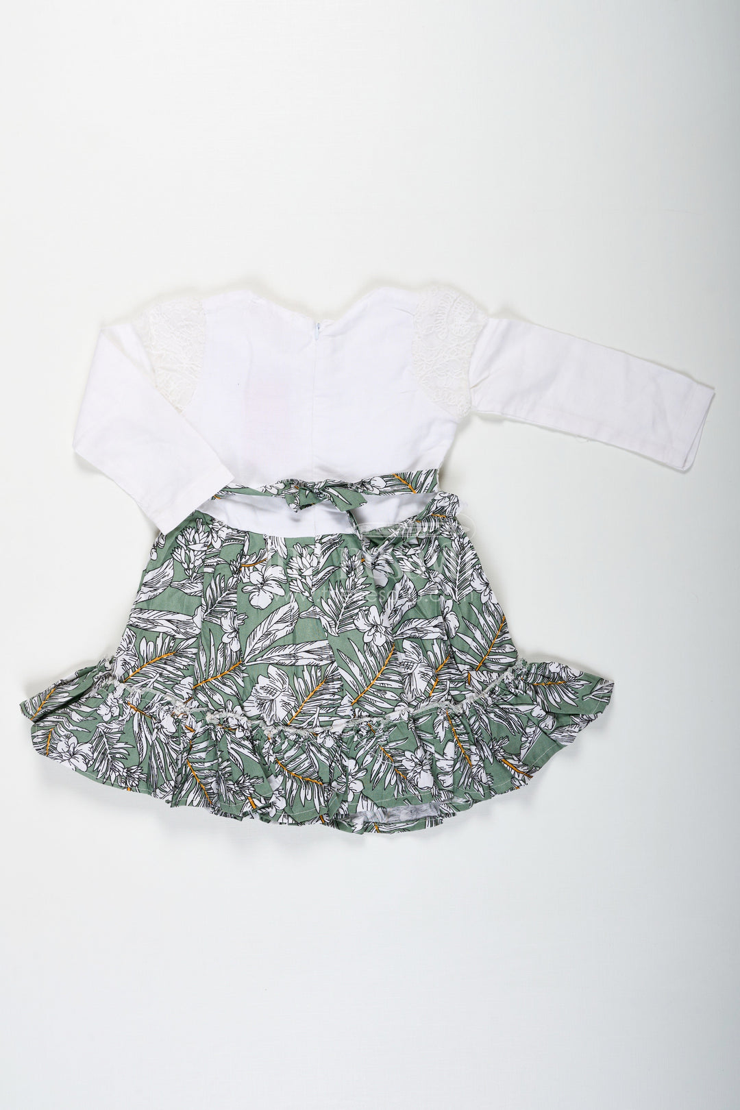 The Nesavu Baby Fancy Frock Frock for Photoshoot in Soft Net with Embroidered Yoke and Leafy Green Digital Print Skirt for Baby Girls Nesavu Baby Girl Frock Photoshoot Soft Net Embroidered Top Leaf Digital Print Skirt | The Nesavu