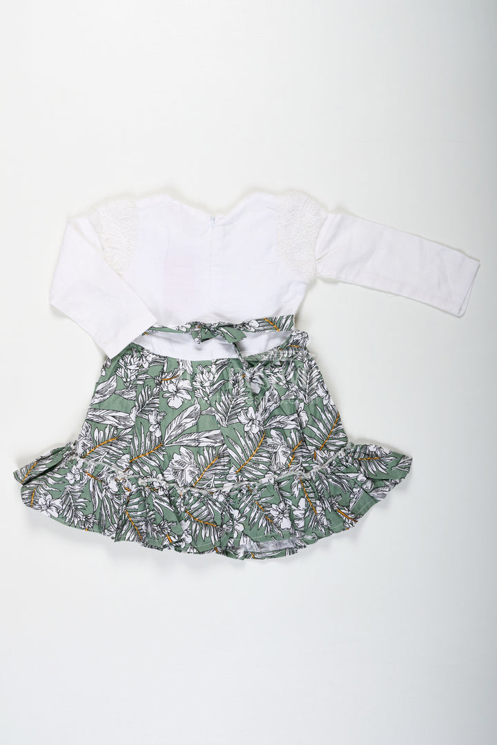 The Nesavu Baby Fancy Frock Frock for Photoshoot in Soft Net with Embroidered Yoke and Leafy Green Digital Print Skirt for Baby Girls Nesavu Baby Girl Frock Photoshoot Soft Net Embroidered Top Leaf Digital Print Skirt | The Nesavu