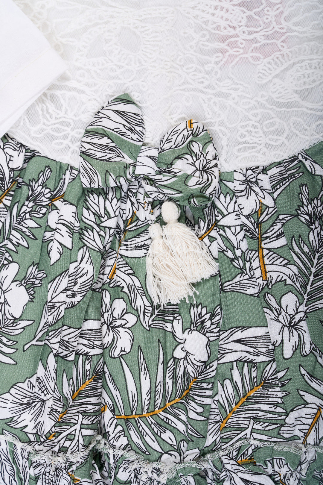 The Nesavu Baby Fancy Frock Frock for Photoshoot in Soft Net with Embroidered Yoke and Leafy Green Digital Print Skirt for Baby Girls Nesavu Baby Girl Frock Photoshoot Soft Net Embroidered Top Leaf Digital Print Skirt | The Nesavu