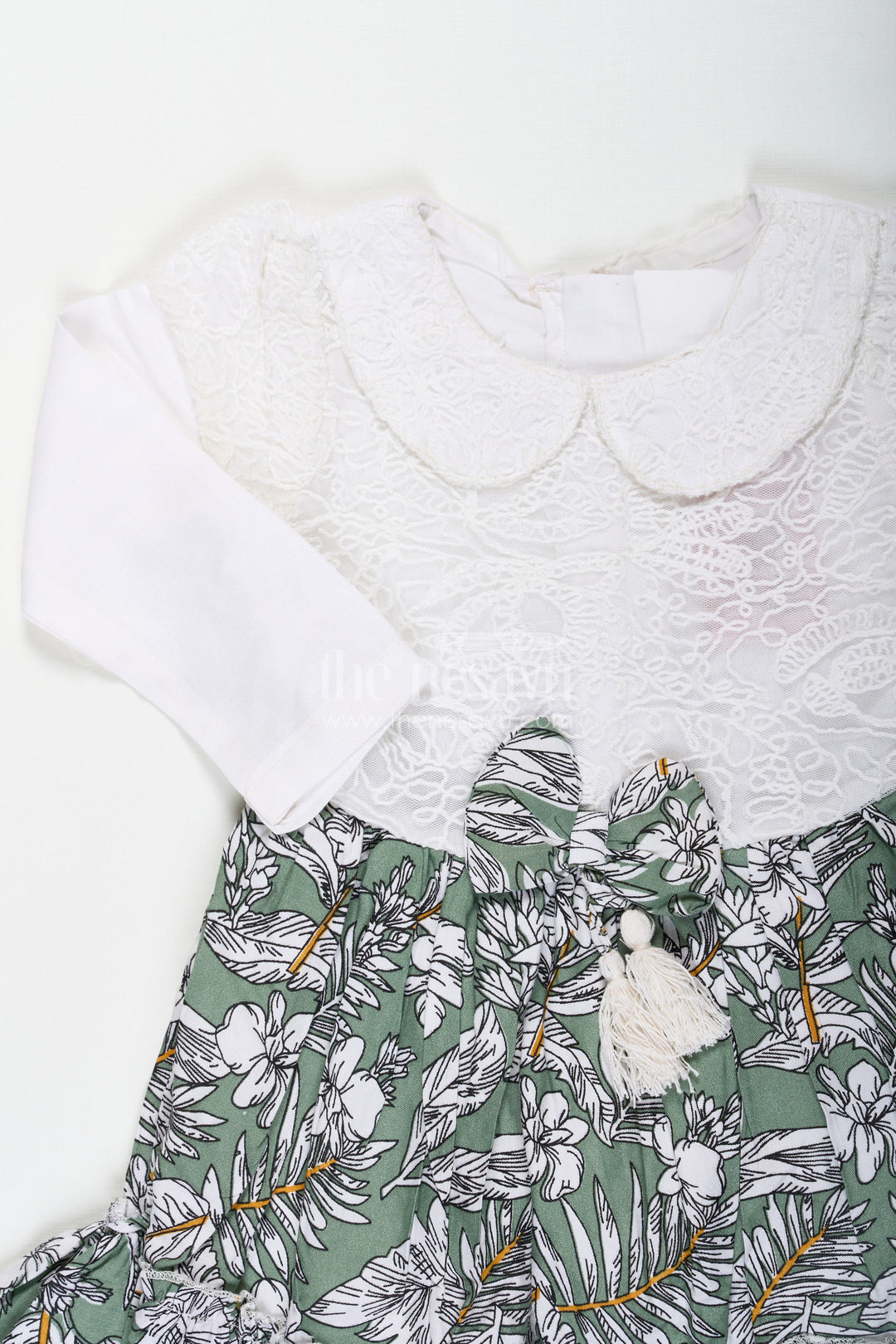 The Nesavu Baby Fancy Frock Frock for Photoshoot in Soft Net with Embroidered Yoke and Leafy Green Digital Print Skirt for Baby Girls Nesavu Baby Girl Frock Photoshoot Soft Net Embroidered Top Leaf Digital Print Skirt | The Nesavu