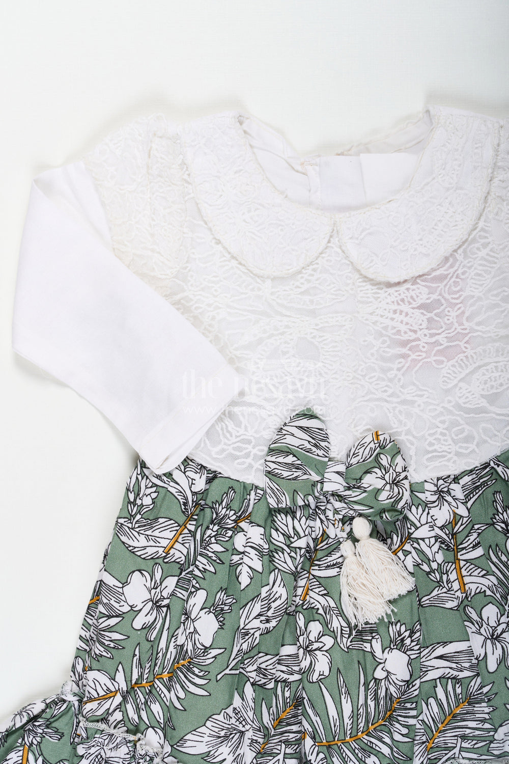 The Nesavu Baby Fancy Frock Frock for Photoshoot in Soft Net with Embroidered Yoke and Leafy Green Digital Print Skirt for Baby Girls Nesavu Nesavu Baby Girl Frock Photoshoot Soft Net Embroidered Top Leaf Digital Print Skirt