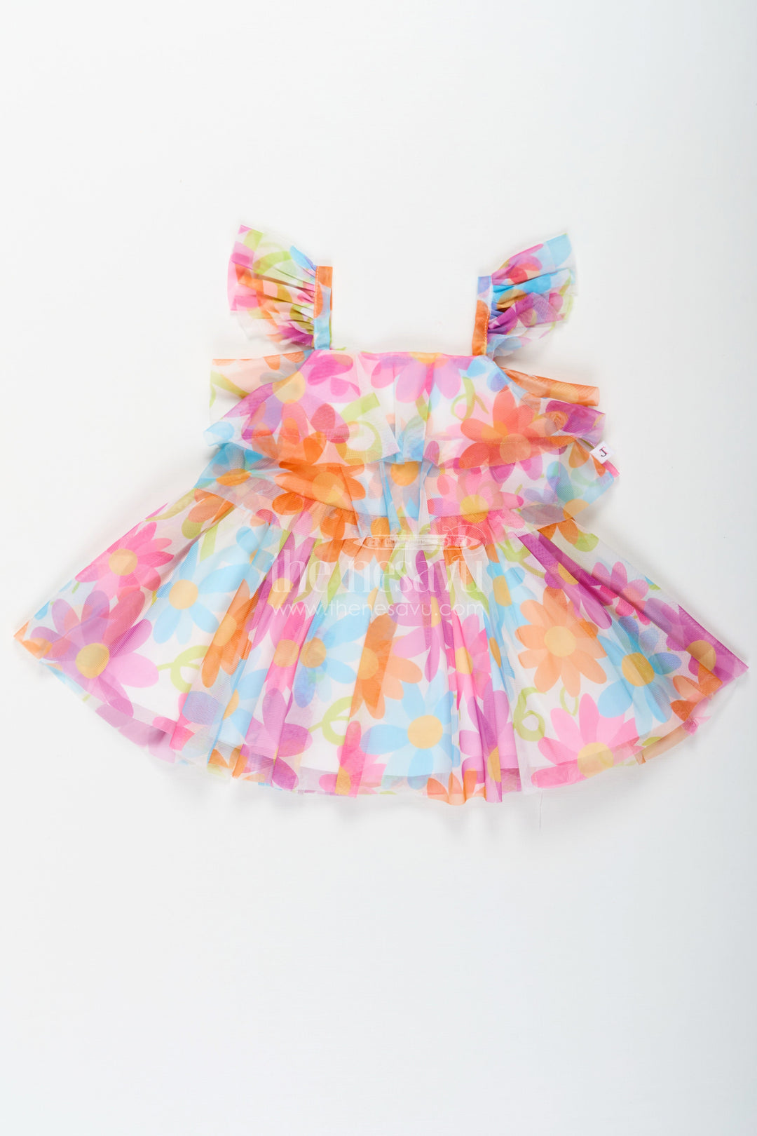 The Nesavu Baby Fancy Frock Frock for Toddler Girl in Soft Net with Colorful Floral Print and Ruffled Straps for Playful Outings Nesavu 14 (6M) / Multicolor BFJ784A-14 Frock Toddler Girl Soft Net Colorful Floral Digital Print Frill Straps | The Nesavu