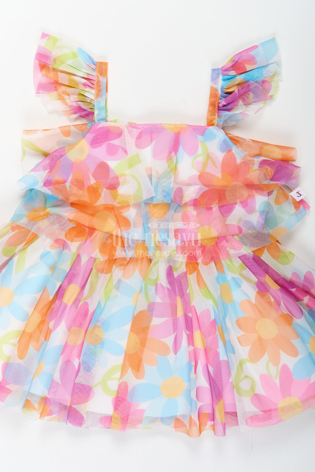 The Nesavu Baby Fancy Frock Frock for Toddler Girl in Soft Net with Colorful Floral Print and Ruffled Straps for Playful Outings Nesavu Frock Toddler Girl Soft Net Colorful Floral Digital Print Frill Straps | The Nesavu