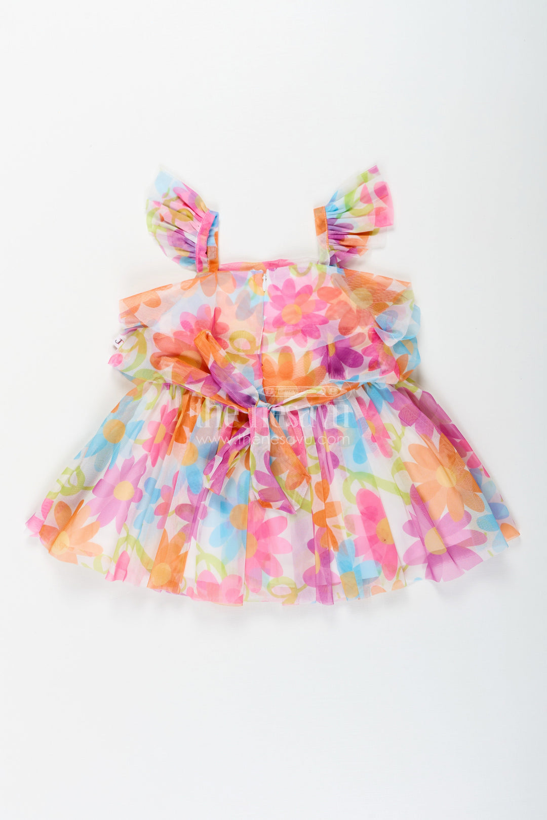 The Nesavu Baby Fancy Frock Frock for Toddler Girl in Soft Net with Colorful Floral Print and Ruffled Straps for Playful Outings Nesavu Nesavu Frock Toddler Girl Soft Net Colorful Floral Digital Print Frill Straps