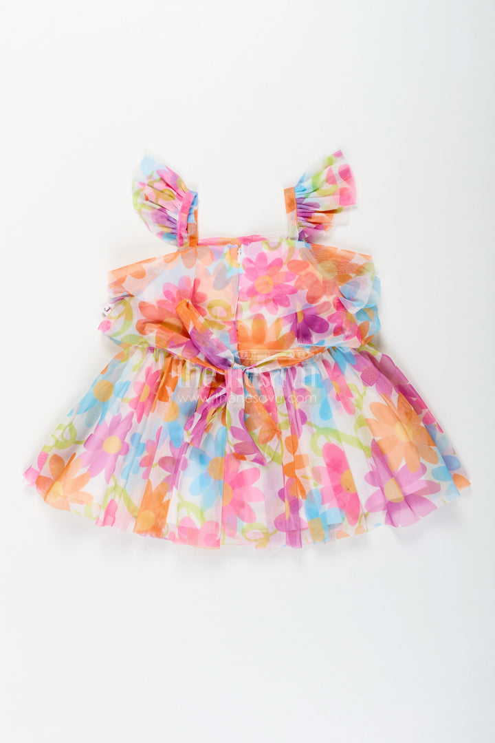 The Nesavu Baby Fancy Frock Frock for Toddler Girl in Soft Net with Colorful Floral Print and Ruffled Straps for Playful Outings Nesavu Nesavu Frock Toddler Girl Soft Net Colorful Floral Digital Print Frill Straps