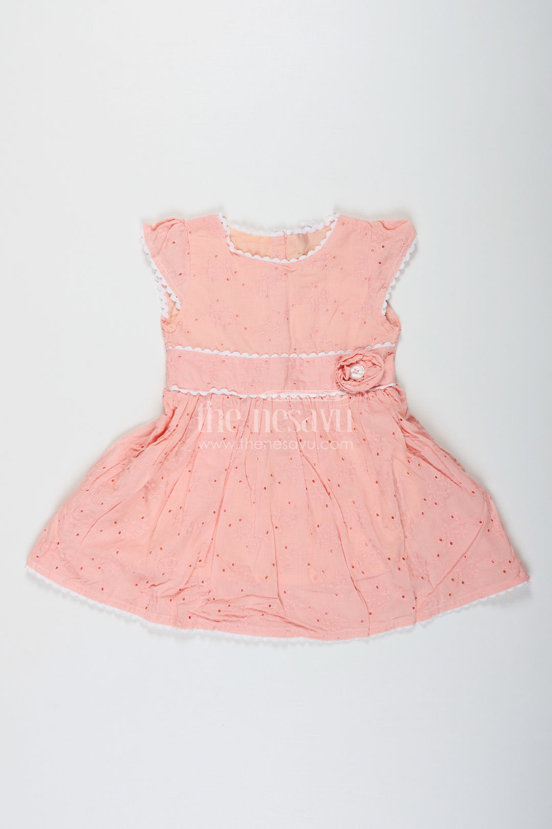 The Nesavu Baby Cotton Frocks Frock for Wedding in Peach Cotton Hakoba with Waist Flower Detail and Matching Mini Bag Nesavu 12 (3M) / Peach BFJ779A-12 Frock Wedding Peach Cotton Hakoba Waist Flower Detail Matching Bag | The Nesavu