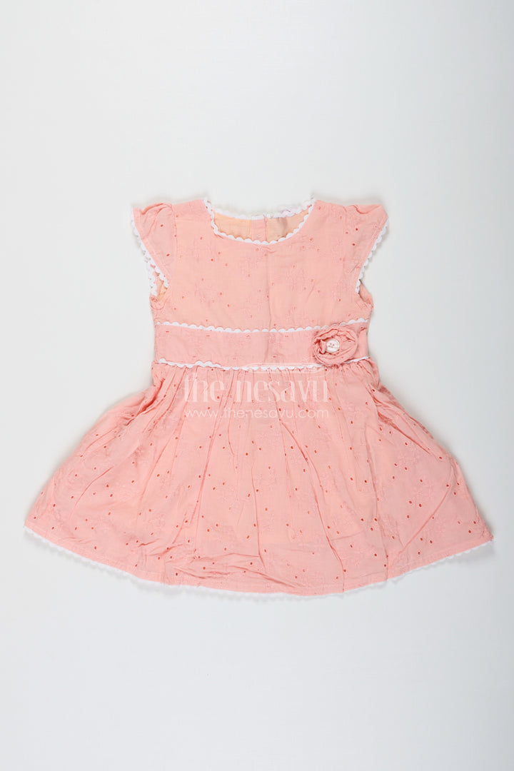 The Nesavu Baby Cotton Frocks Frock for Wedding in Peach Cotton Hakoba with Waist Flower Detail and Matching Mini Bag Nesavu 12 (3M) / Peach BFJ779A-12 Frock Wedding Peach Cotton Hakoba Waist Flower Detail Matching Bag | The Nesavu