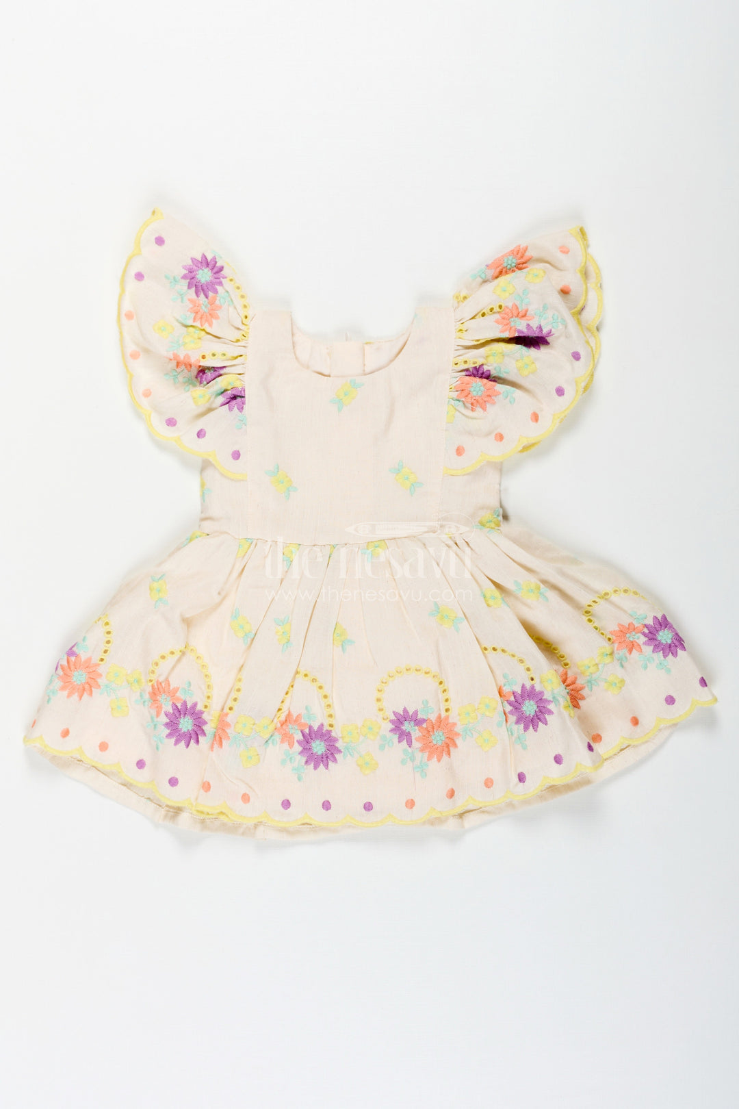 The Nesavu Baby Cotton Frocks Frock Party Wear for Baby Girls in Cotton with Vibrant Thread Embroidery and Butterfly Sleeves Nesavu 14 (6M) / Yellow BFJ769B-14 Frock Party Wear Baby Girls Cream Cotton Floral Thread Embroidery | The Nesavu