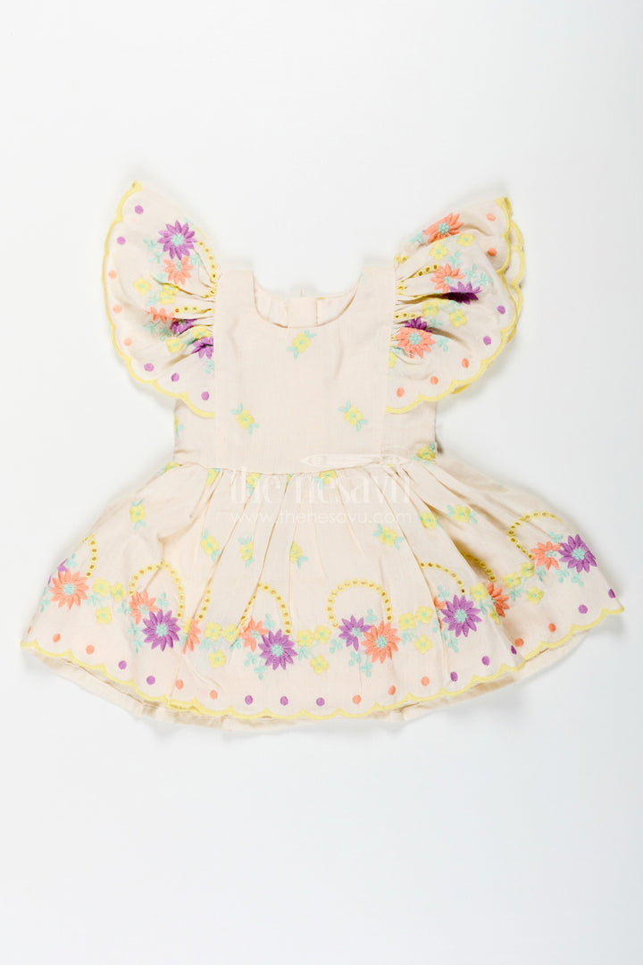 The Nesavu Baby Cotton Frocks Frock Party Wear for Baby Girls in Cotton with Vibrant Thread Embroidery and Butterfly Sleeves Nesavu 14 (6M) / Yellow BFJ769B-14 Frock Party Wear Baby Girls Cream Cotton Floral Thread Embroidery | The Nesavu