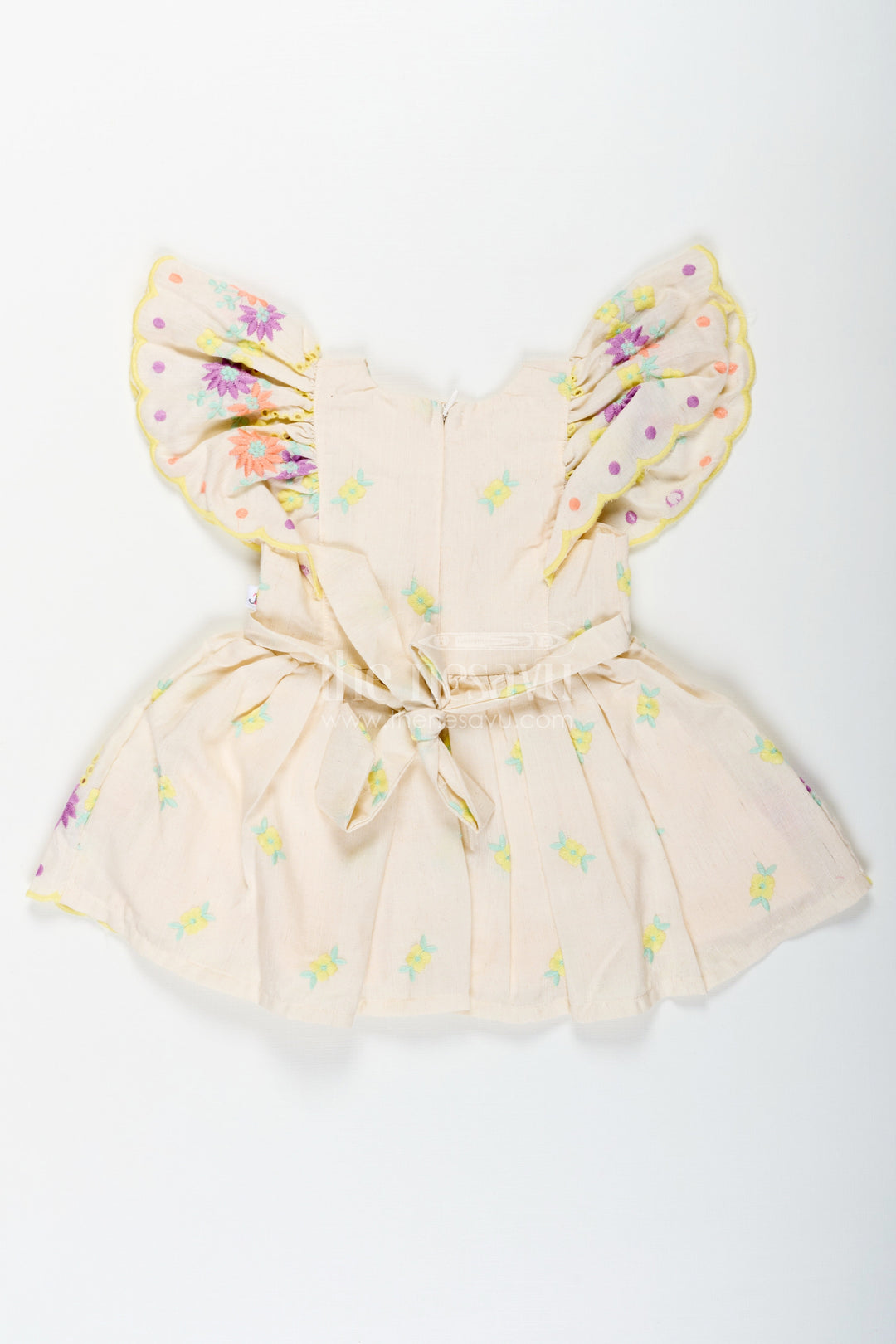 The Nesavu Baby Cotton Frocks Frock Party Wear for Baby Girls in Cotton with Vibrant Thread Embroidery and Butterfly Sleeves Nesavu Frock Party Wear Baby Girls Cream Cotton Floral Thread Embroidery | The Nesavu