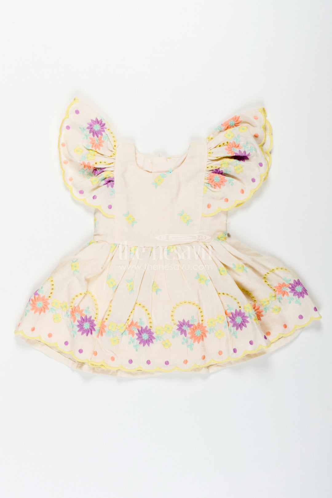 The Nesavu Baby Cotton Frocks Frock Party Wear for Baby Girls in Cotton with Vibrant Thread Embroidery and Butterfly Sleeves Nesavu Frock Party Wear Baby Girls Cream Cotton Floral Thread Embroidery | The Nesavu