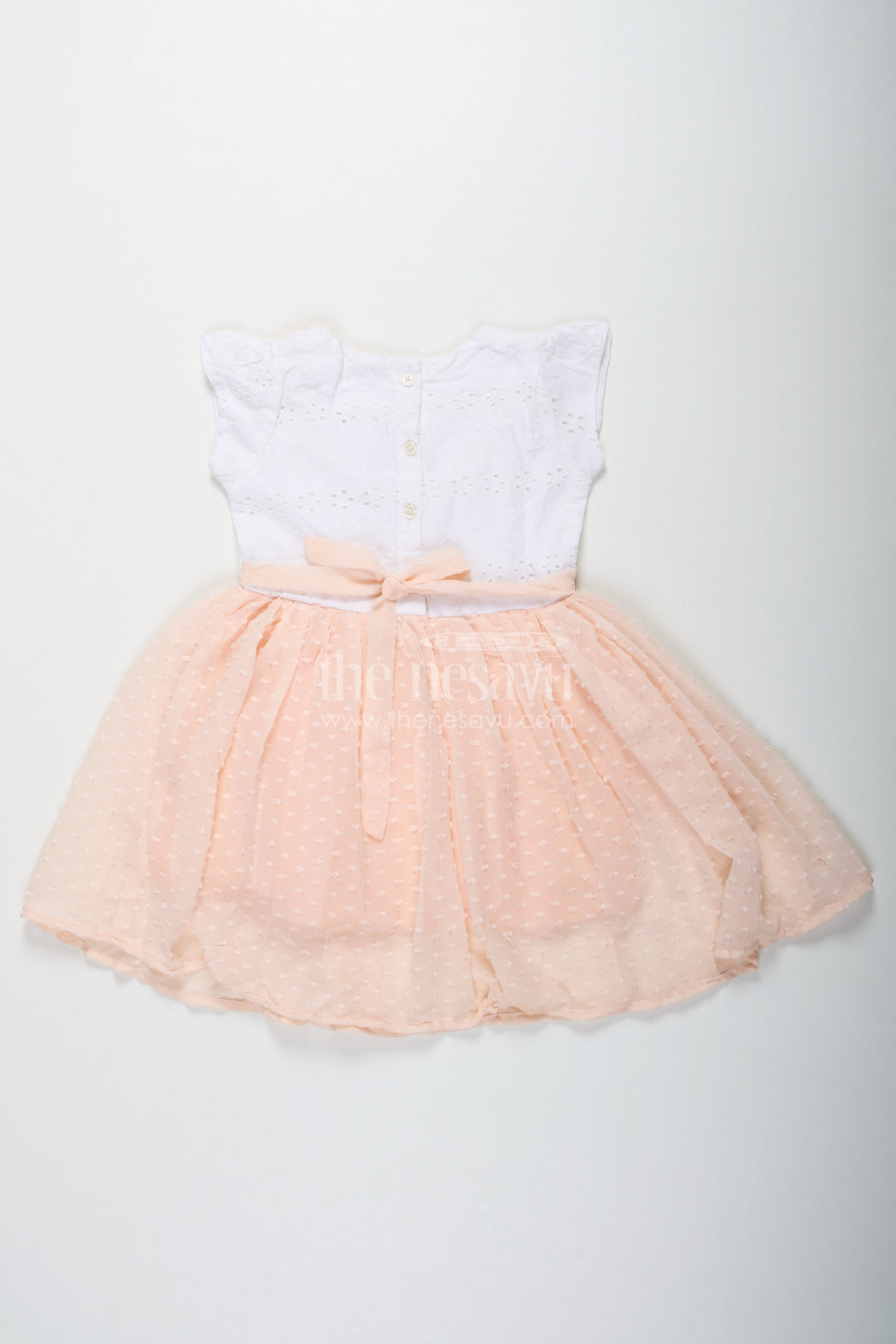 The Nesavu Girls Cotton Frock Frock Suit for Wedding in Soft Peach with Hakoba Lace Yoke and Designer Georgette Bottom for Baby Girls Nesavu Frock Suit Wedding Hakoba Lace Yoke Peach Georgette Flare Baby Girls | The Nesavu