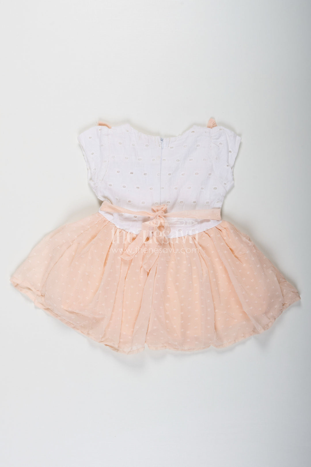 The Nesavu Girls Cotton Frock Frock Suit for Wedding in Soft Peach with Hakoba Lace Yoke and Designer Georgette Bottom for Baby Girls Nesavu Frock Suit Wedding Hakoba Lace Yoke Peach Georgette Flare Baby Girls | The Nesavu
