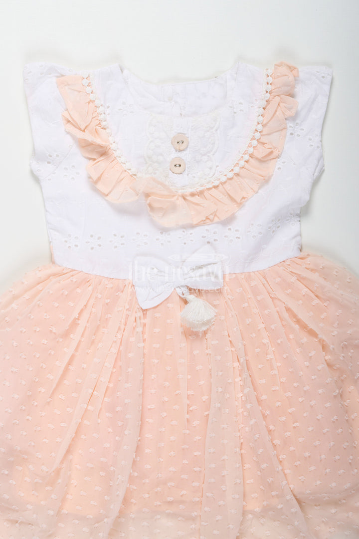 The Nesavu Girls Cotton Frock Frock Suit for Wedding in Soft Peach with Hakoba Lace Yoke and Designer Georgette Bottom for Baby Girls Nesavu Frock Suit Wedding Hakoba Lace Yoke Peach Georgette Flare Baby Girls | The Nesavu
