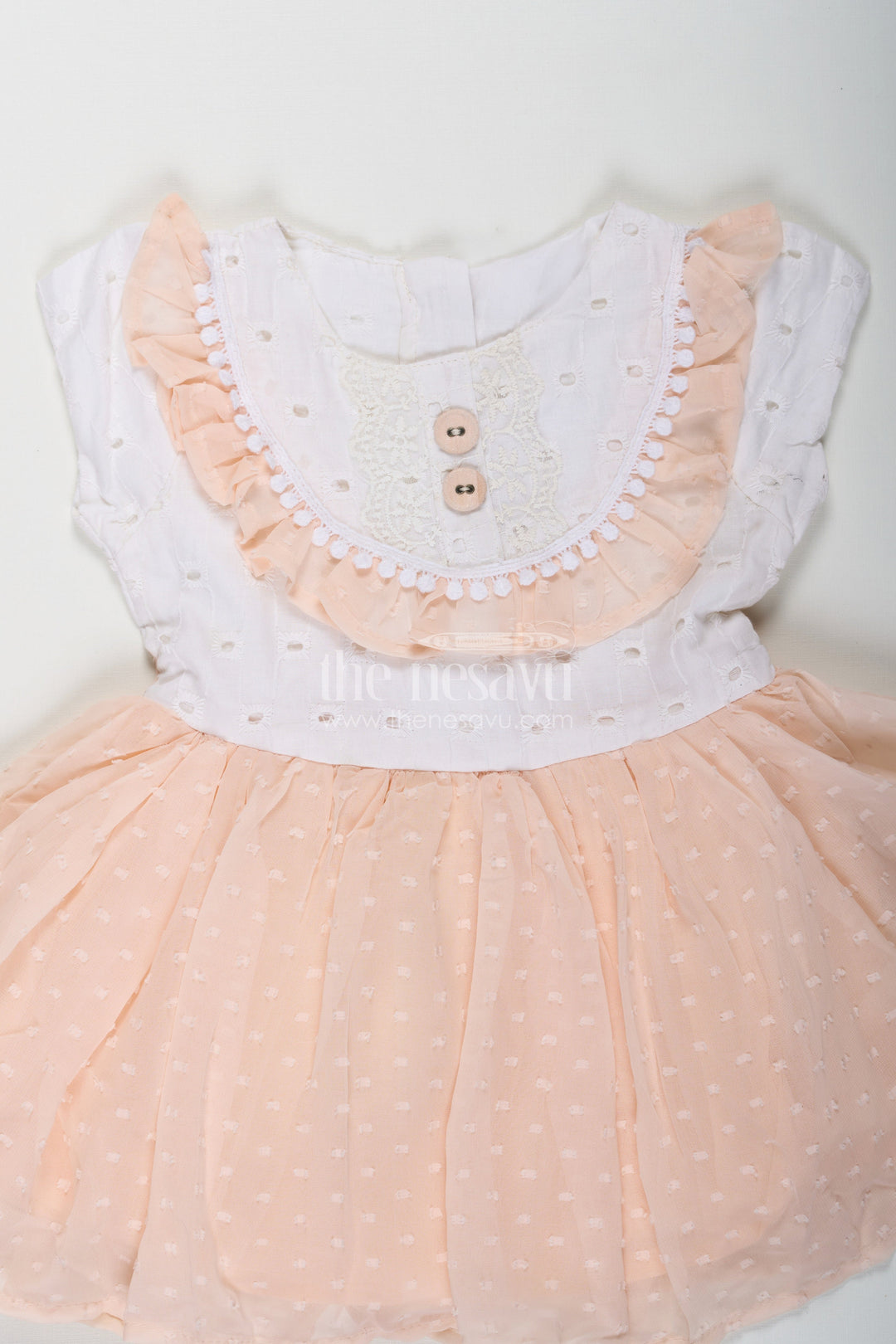 The Nesavu Girls Cotton Frock Frock Suit for Wedding in Soft Peach with Hakoba Lace Yoke and Designer Georgette Bottom for Baby Girls Nesavu Frock Suit Wedding Hakoba Lace Yoke Peach Georgette Flare Baby Girls | The Nesavu