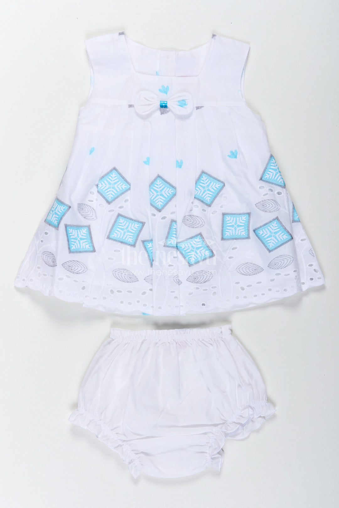 The Nesavu Baby Cotton Frocks Frock Suit Readymade in White Cotton with Blue Embroidery and Decorative Cutwork Hem Nesavu 12 (3M) / White BFJ794A-12 Frock Suit Readymade White Cotton Blue Embroidery Cutwork Hem | The Nesavu