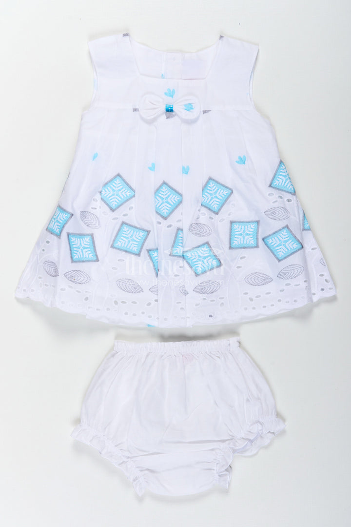 The Nesavu Baby Cotton Frocks Frock Suit Readymade in White Cotton with Blue Embroidery and Decorative Cutwork Hem Nesavu 12 (3M) / White BFJ794A-12 Frock Suit Readymade White Cotton Blue Embroidery Cutwork Hem | The Nesavu