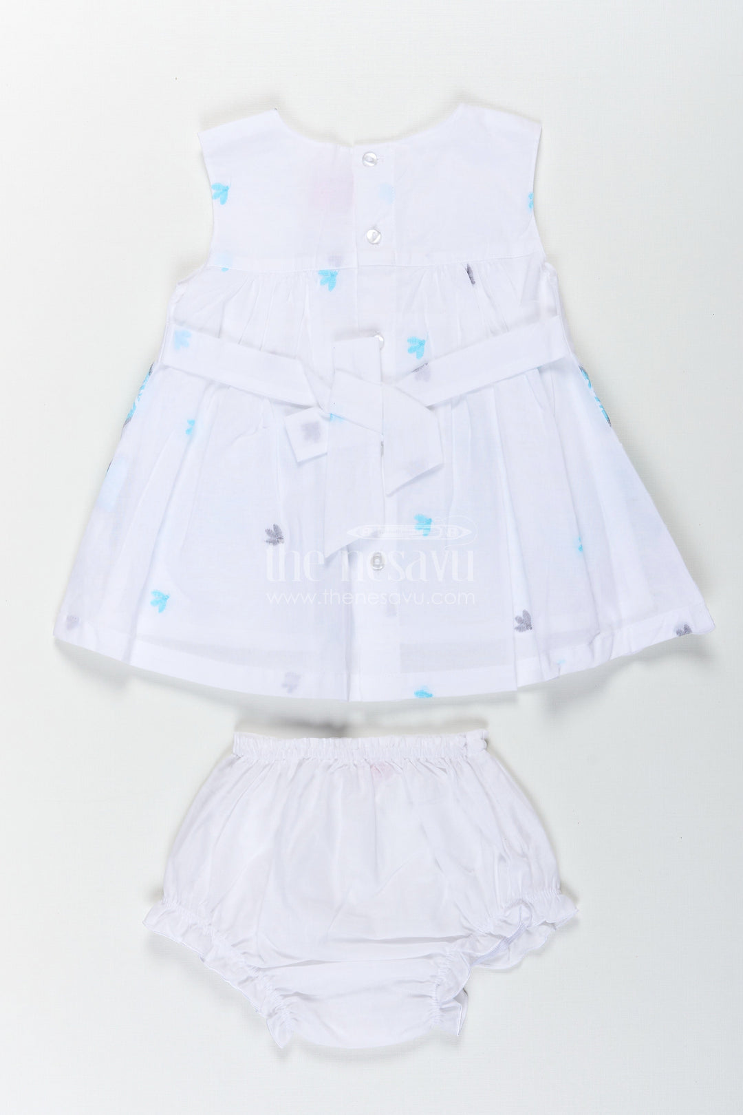 The Nesavu Baby Cotton Frocks Frock Suit Readymade in White Cotton with Blue Embroidery and Decorative Cutwork Hem Nesavu Frock Suit Readymade White Cotton Blue Embroidery Cutwork Hem | The Nesavu